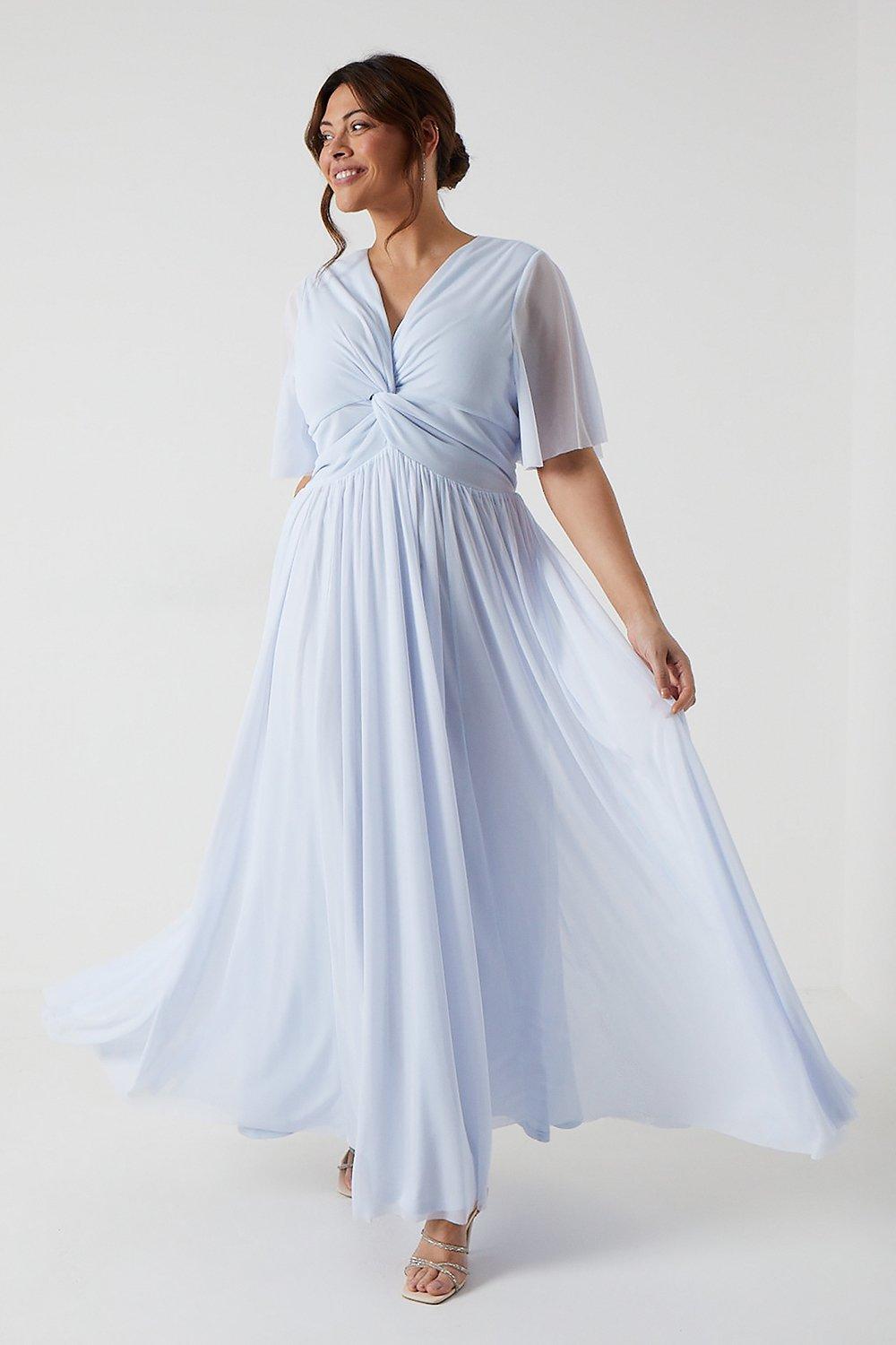 Plus Size Angel Sleeve Stretch Mesh Bridesmaids Maxi Dress - Ice Blue